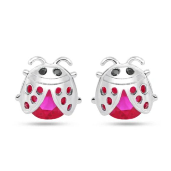 Sterling Silver 925 Rhodium Plated Lady Bug Red CZ Stud Earrings - Picture 1 of 6